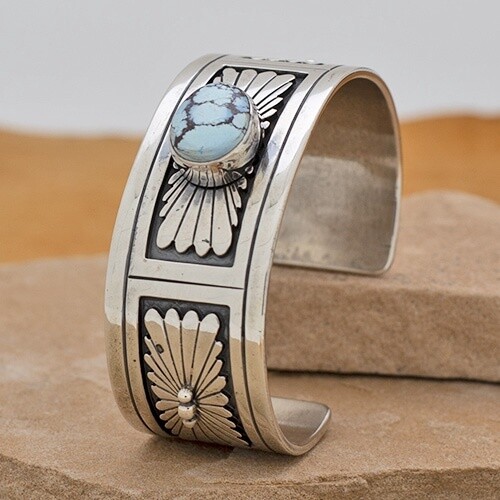 Overlay design cuff bracelet w/Golden Hills Turquoise-