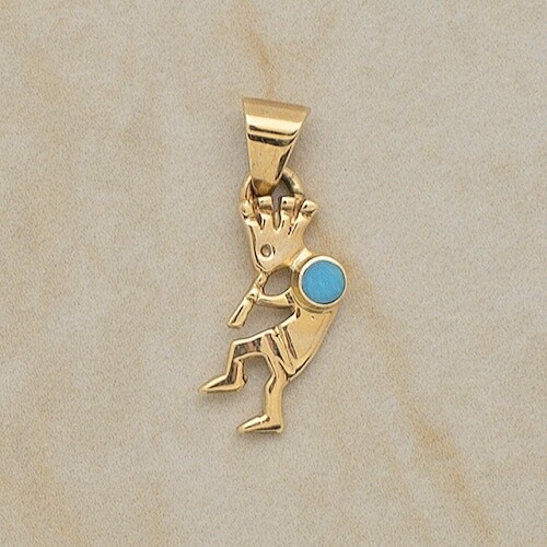 MINI KOKOPELLI PENDANT 14KT GOLD &amp; TURQUOISE