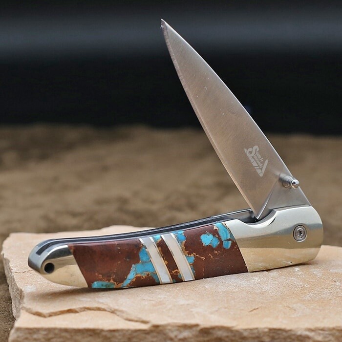 Folding blade knife w/ mother of pearl &amp; stabilized turquoise inlay