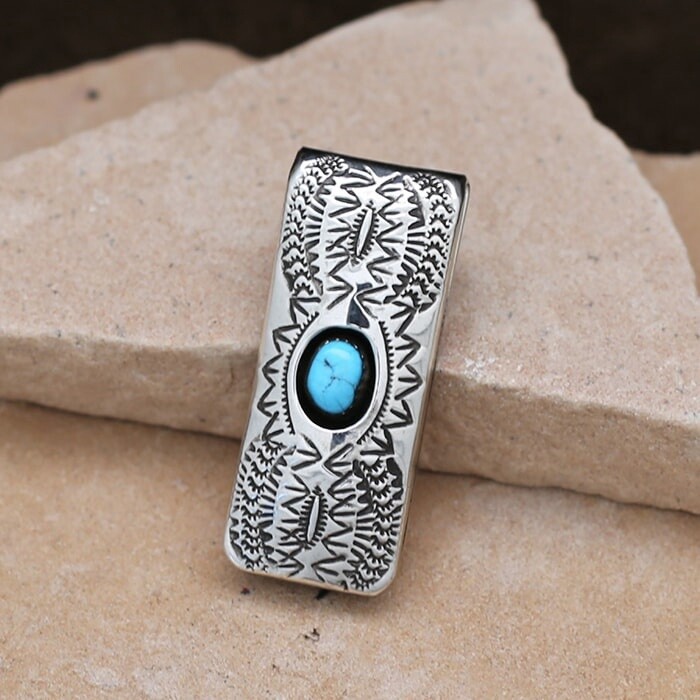 Sterling silver money clip w/Kingman turquoise-MC 103