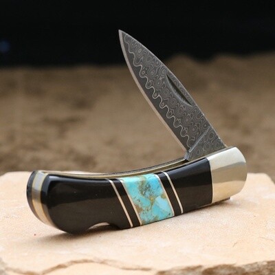 Damascus blade knife w/ stabilized turquoise & onyx inlay