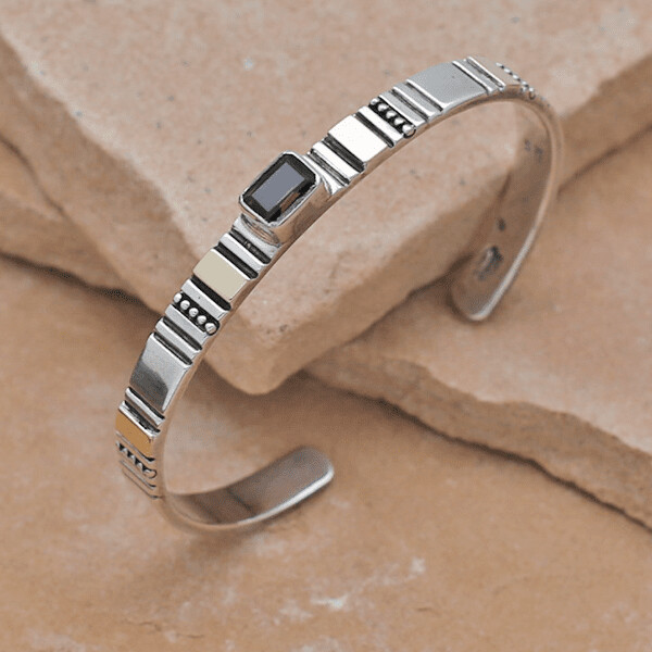 Thin silver bracelet w/ 14kt gold accents &amp; smoky gemstone