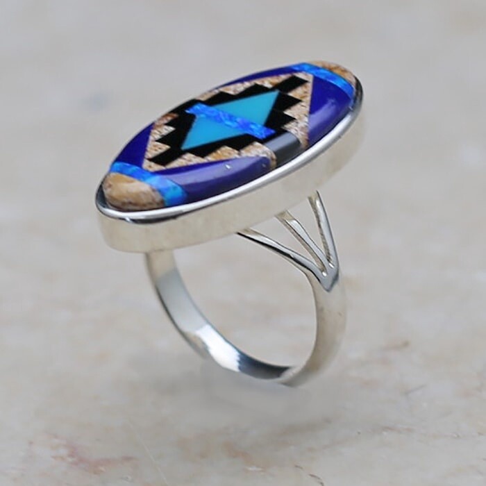 Blue rug pattern oval ring-SR 2364