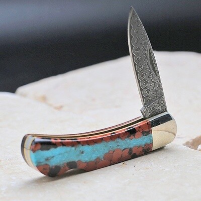 Damascus blade pocket knife with boulder turquoise inlay-SFS 124