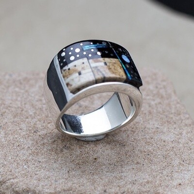 Wide band inlay ring, adobe pueblo design