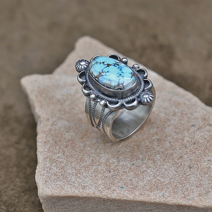 Wide shank ring with unique details-Golden Hills turquoise- Bil 601