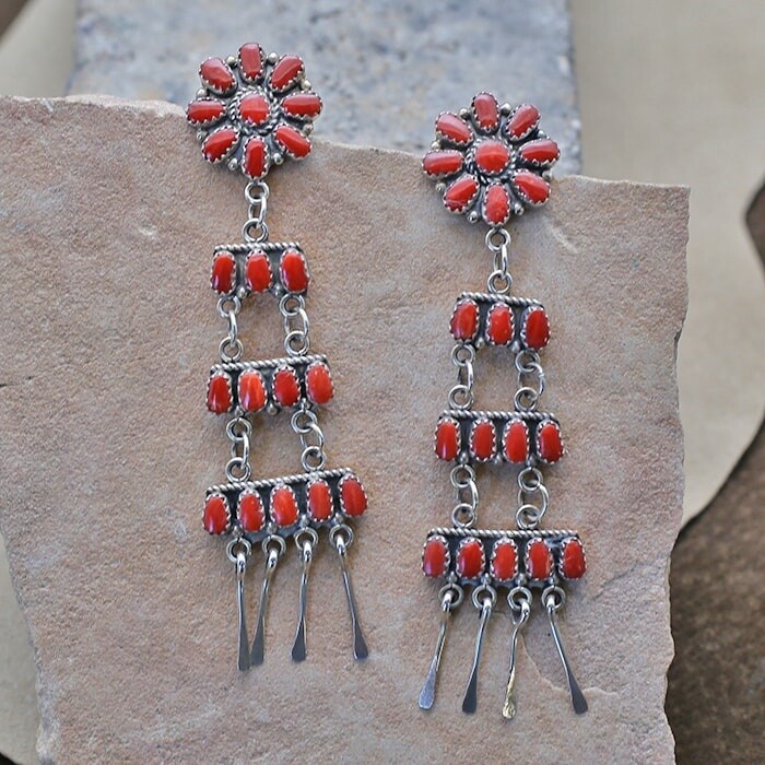 Red coral chandelier dangle earrings - JM 239