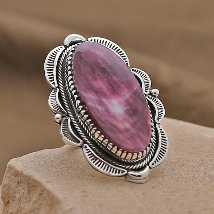 Large purple spiny oyster shell ring- Navajo-sterling silver-BIL 332