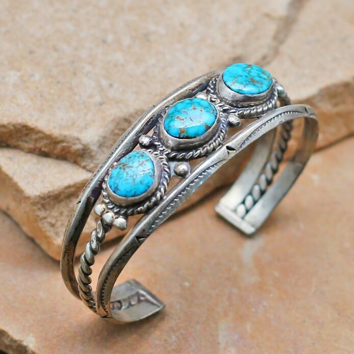 Vintage 3-stone bracelet Lone Mountain turquoise-Lone Mtn 121