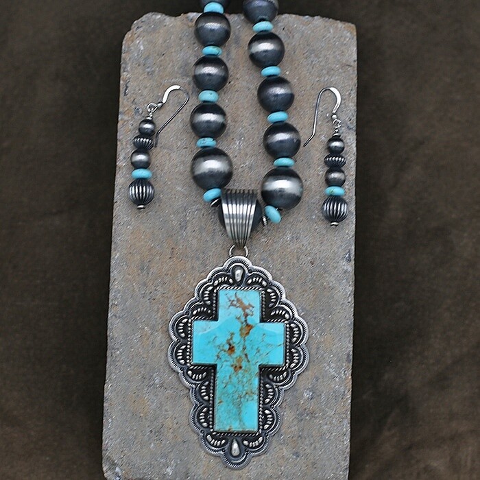 Large turquoise cross necklace set - BC 1396