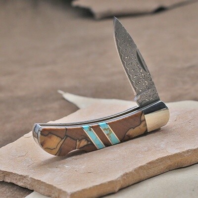 Beech wood &amp; turquoise inlay knife w/ Damascus blade