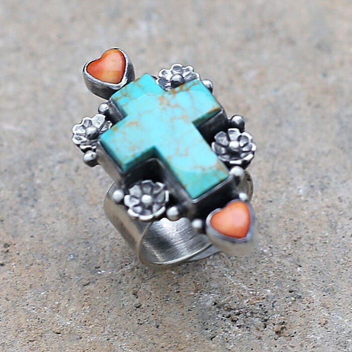 Adjustable turquoise cross ring - Bil 644