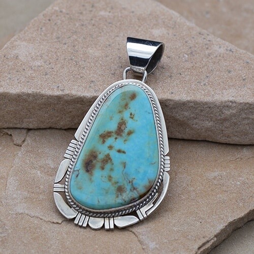 Saw cut design large Royston turquoise pendant-BIL 511