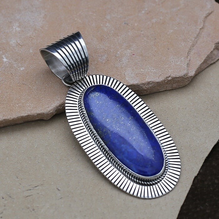 Large Lapis pendant w/cold chisel stamping-bc 1400