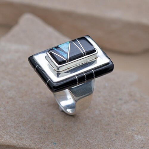 Unique styled rectangular ring, Black Jet inlay design- NS 125