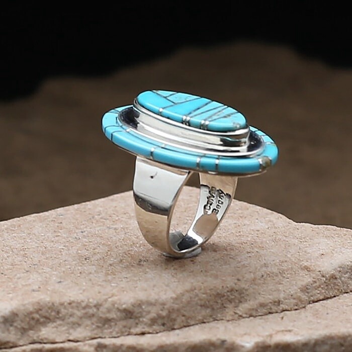 Oval turquoise double inlay ring - SR 2333