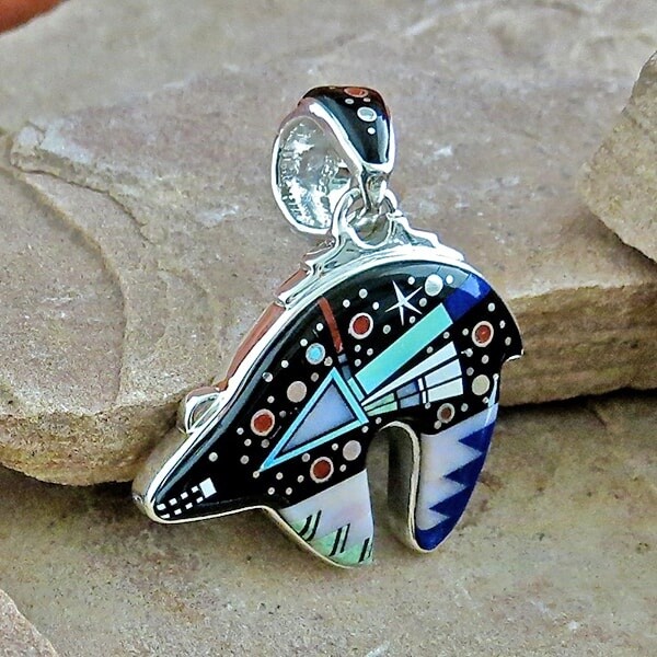 Calvin Begay double sided unique inlay Bear pendant