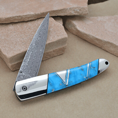Custom folding knife with Kingman Turquoise inlay