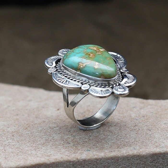 Detailed stamped Royston turquoise ring- ANA 1417