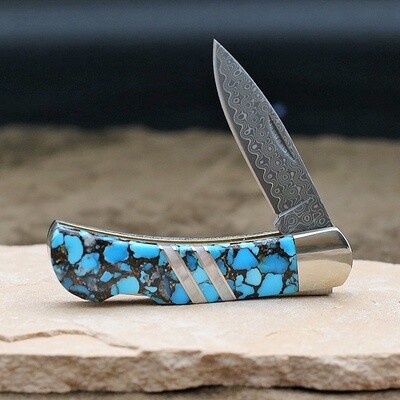 Damascus blade pocket knife w/ stabilized turquoise inlay