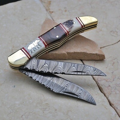 Damascus steel double blade knife w/bear image