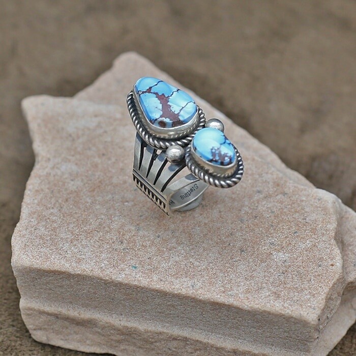 Unique 2-stone ring with Golden Hills turquoise- BIL 600
