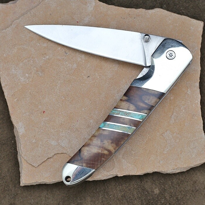 SFS 109  Folding blade knife w/ wood &amp; turquoise inlay