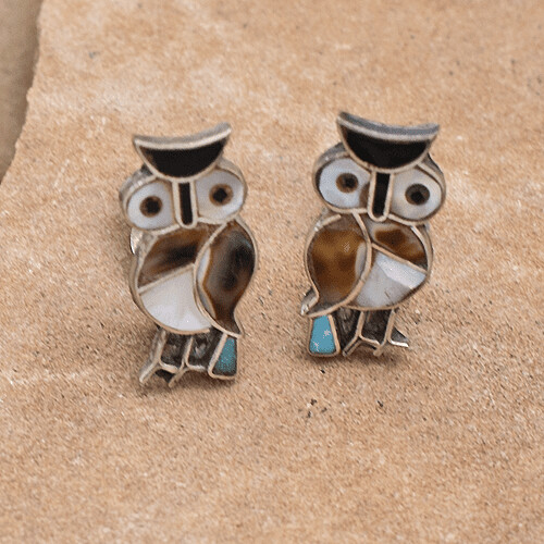 Owl Zuni inlay earrings- Vintage 1970&#39;s