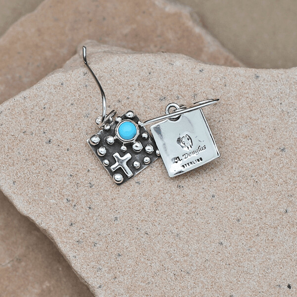 Small square dangle earrings- Rain Drop design &amp; turquoise