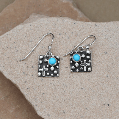 Small square dangle earrings- Rain Drop design &amp; turquoise