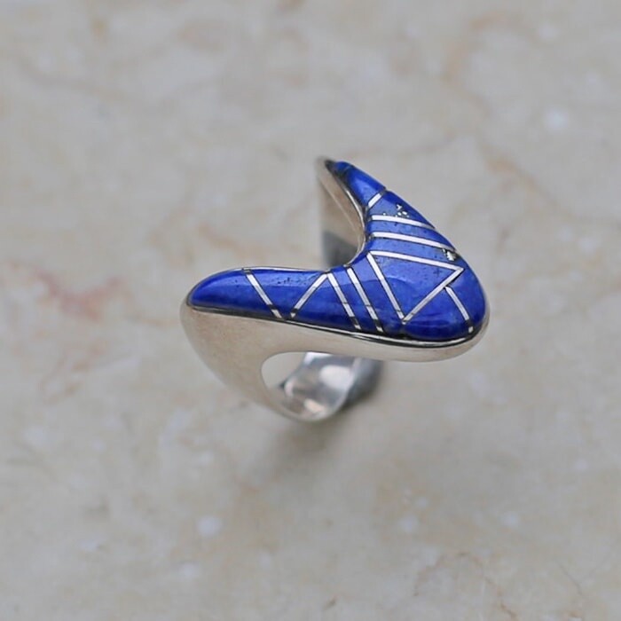 V-shaped inlay denim lapis ring -SR 2353