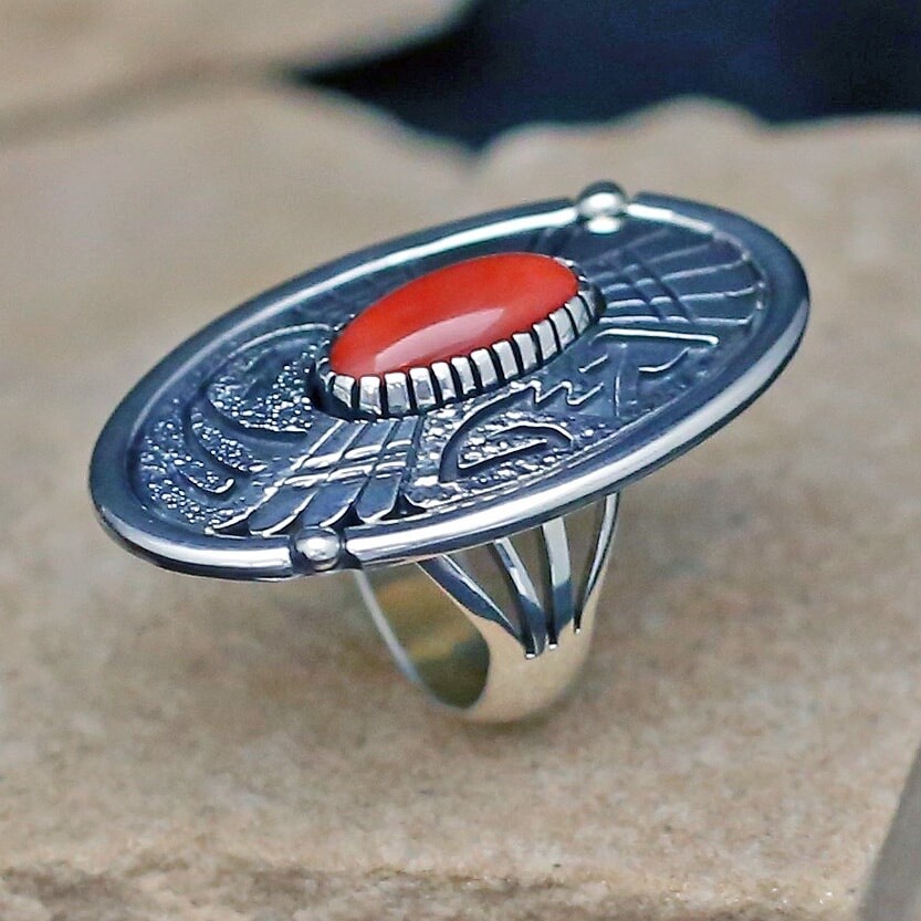 Navajo overlay ring with Coral