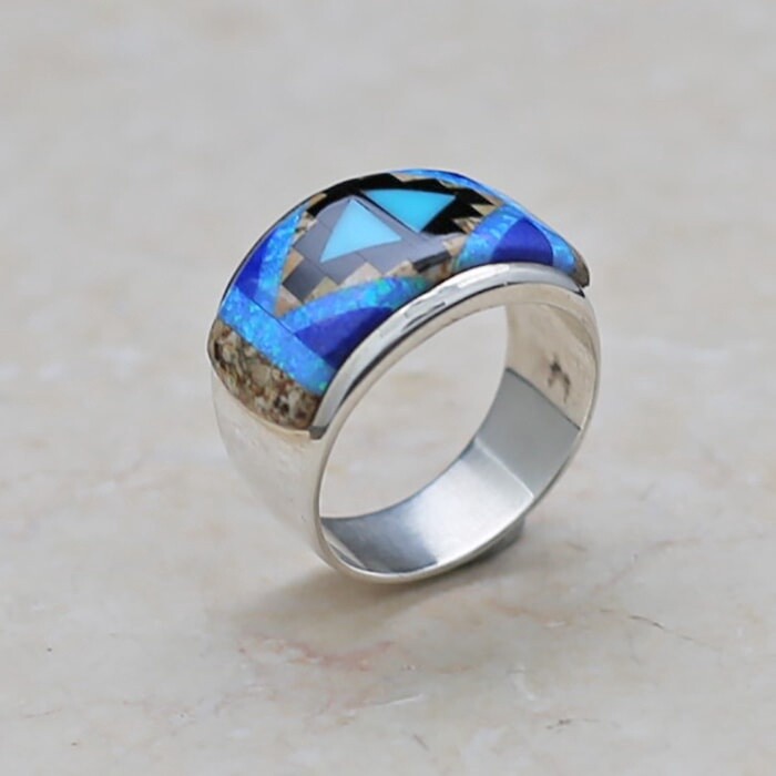 Blue rug pattern curved shaped ring-SR 2367