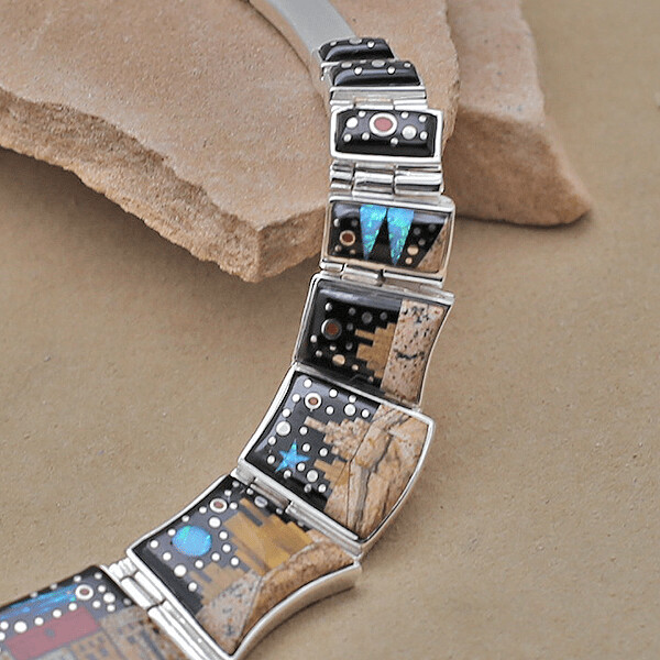 Large inlay necklace set by Fred Begay w/adobe pueblo inlay