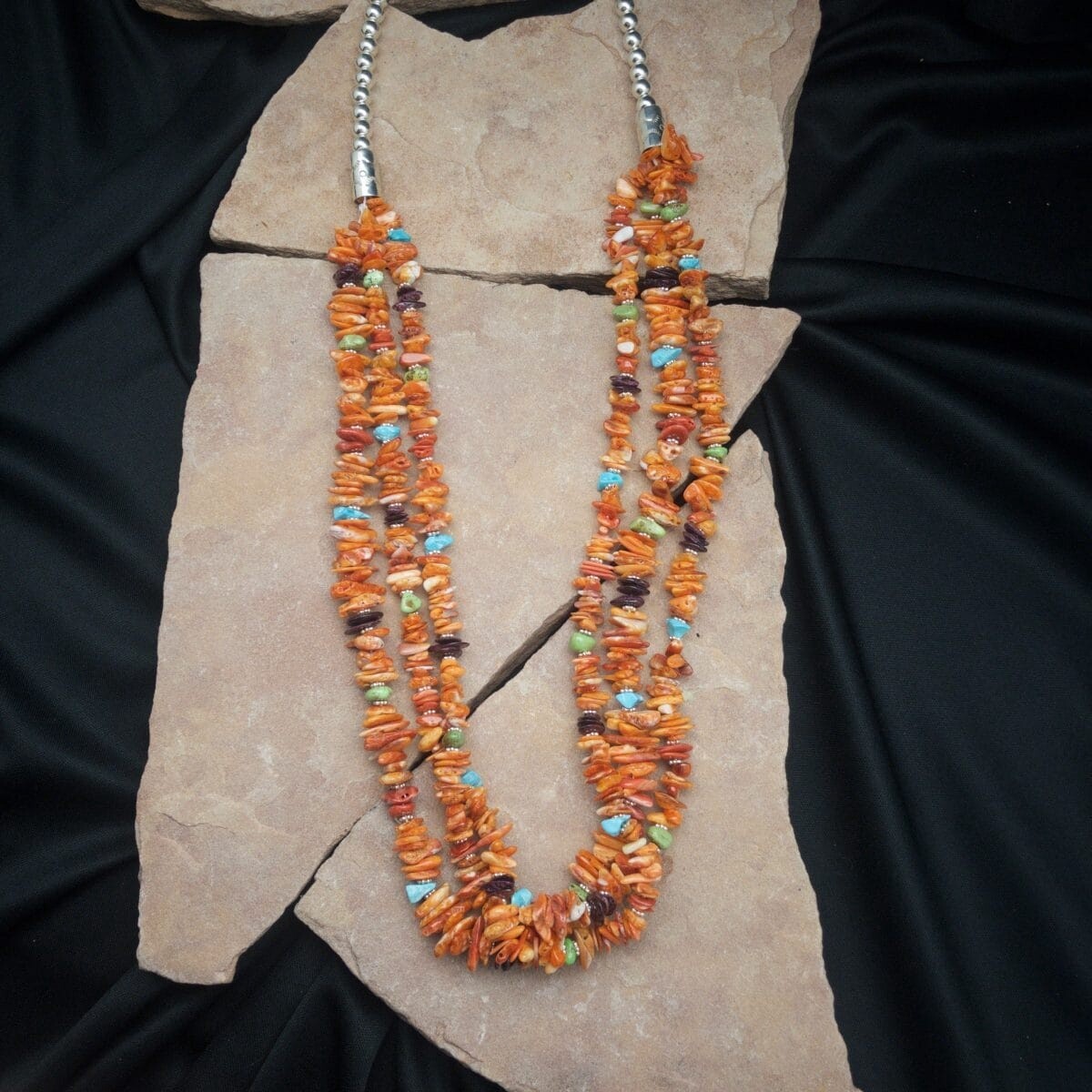ANA 1161 A  Orange spiny oyster shell necklace- 3-strand- Navajo