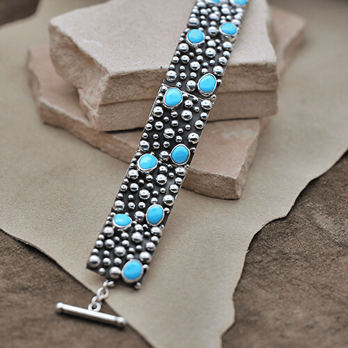 Wide 6-link bracelet-Rain Drop design & turquoise