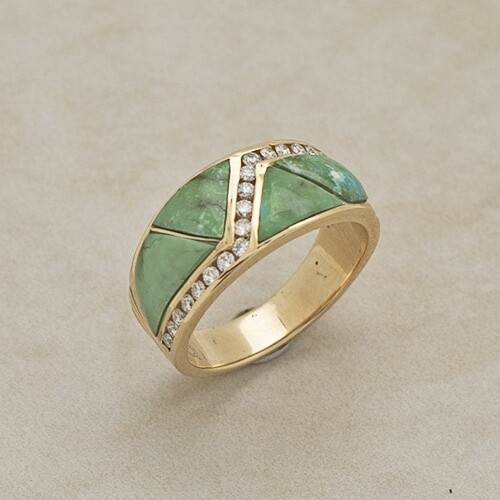 Diamond &amp; Sonoran gold turquoise inlay ring, Ring Size: 8.5, Size: 9
