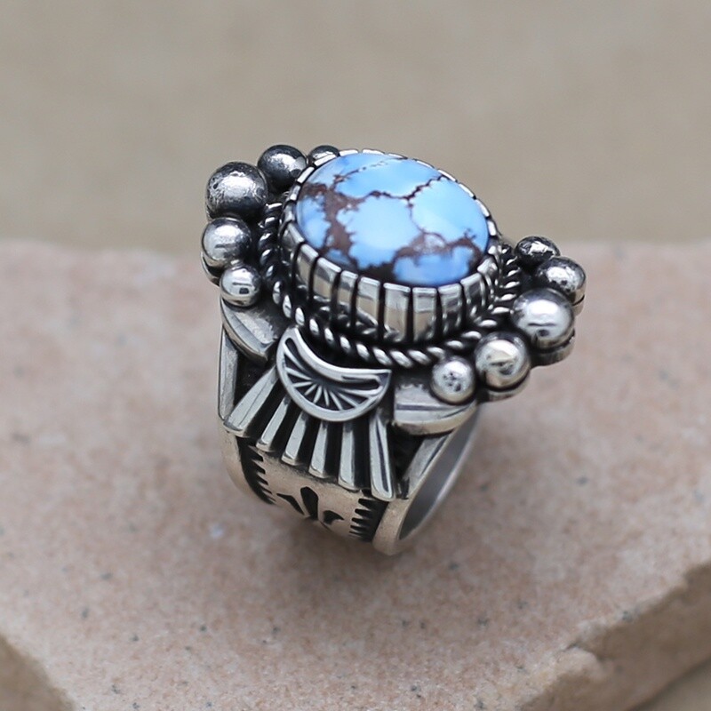 Heavily stamped ring w/ Golden hills turquoise, Ring Size: BC1420