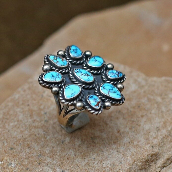 Spiderweb Lone Mountain turquoise cluster ring