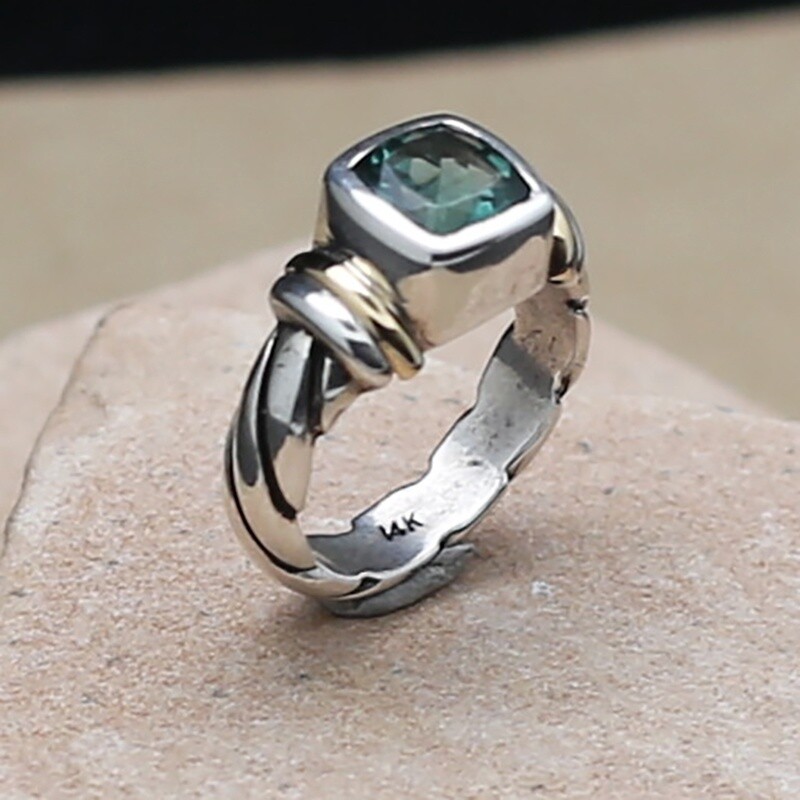 14KT Gold & Silver w/ blue-green faceted stone-