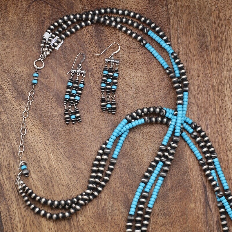 Long 3-strand turquoise and silver bead necklace set