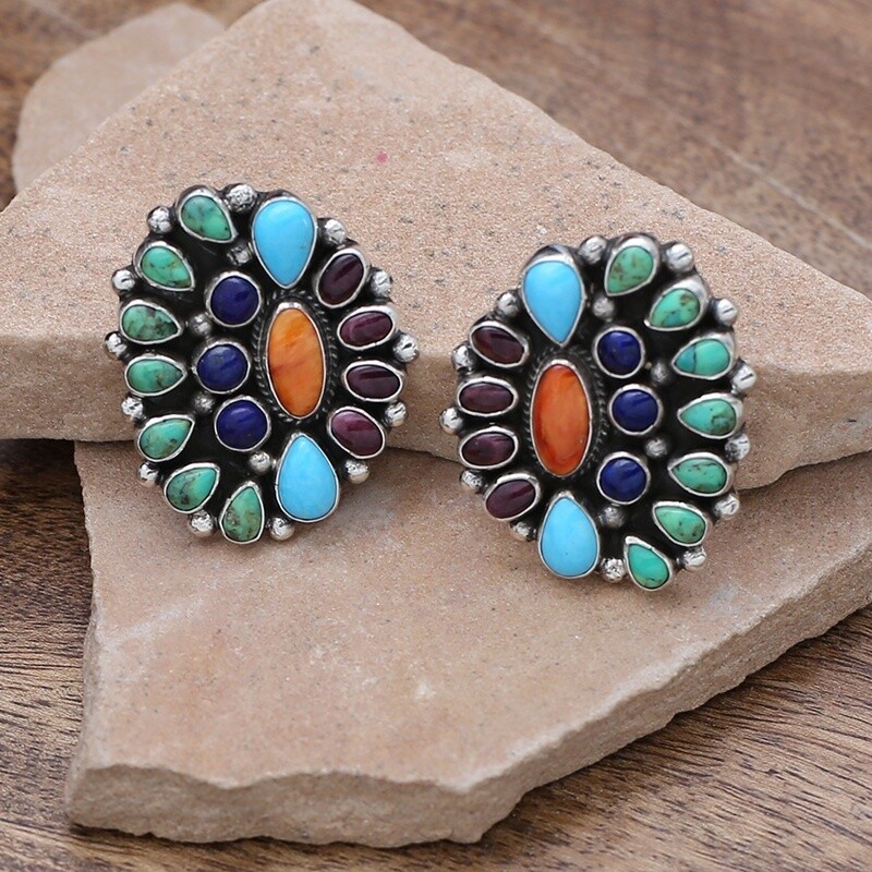 Large multicolor cluster post earrings