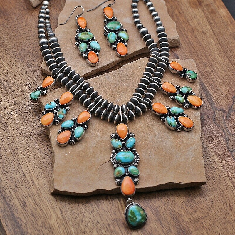 Sonoran gold Turq. &amp; orange spiny oyster shell necklace set