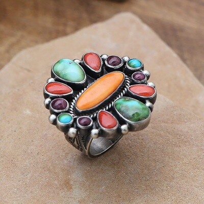 Large oval multicolor cluster ring
