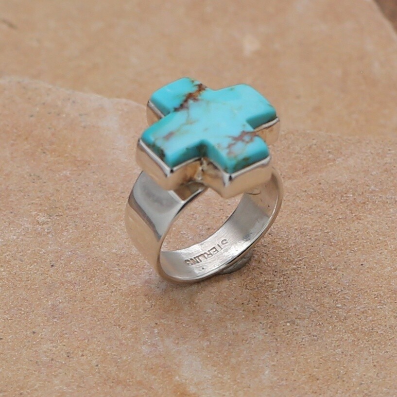 Small turquoise cross adjustable ring