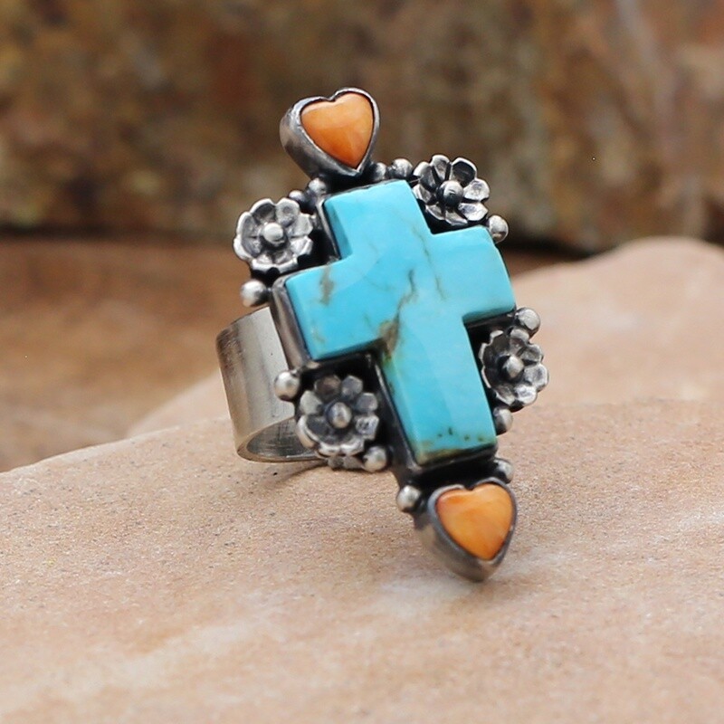 Turquoise cross ring with orange spiny hearts, Ring Size: 6.0