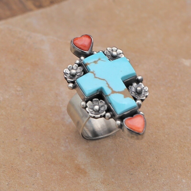Turquoise ring with red spiny oyster shell hearts