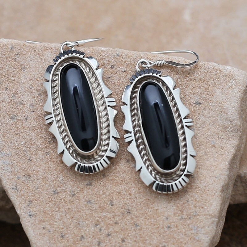 Elongated black onyx dangle earrings