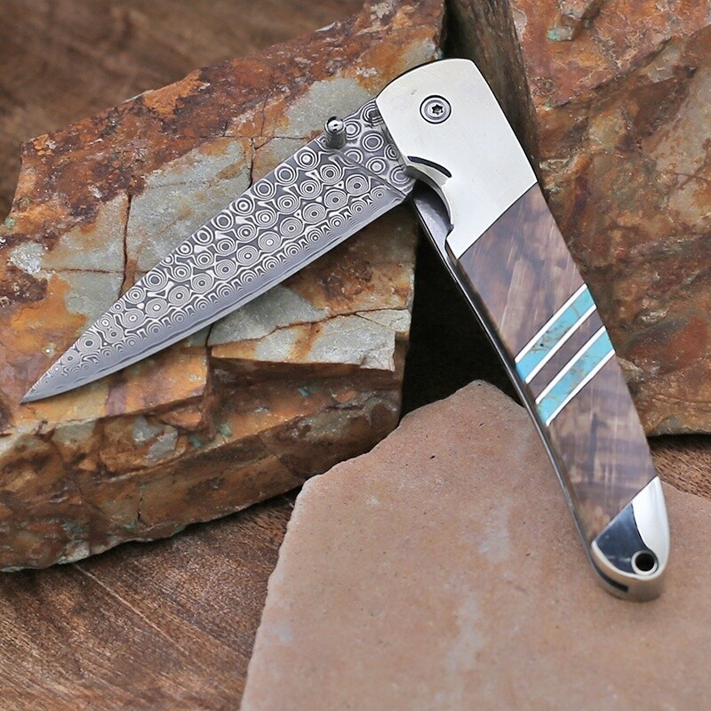 Damascus Folding knife with spalted wood &amp; turquoise inlay