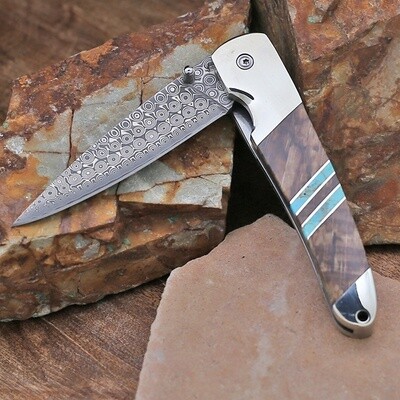 Damascus Folding knife with spalted wood & turquoise inlay